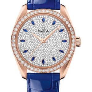 Omega Seamaster Aqua Terra 150M Omega Co-Axial Master Chronometer Ladies' - 38 mm Sedna Gold Case - Diamond Bezel - White Diamond Paved Sapphire Dial - Glossy Blue Leather Strap - 220.58.38.20.99.002
