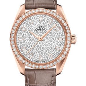 Omega Seamaster Aqua Terra 150M Co-Axial Master Chronometer Ladies Watch - 38 mm Sedna Gold Case - Diamond-Set Bezel - Radiant Diamond Dial - Taupe-Brown Leather Strap - 220.58.38.20.99.003