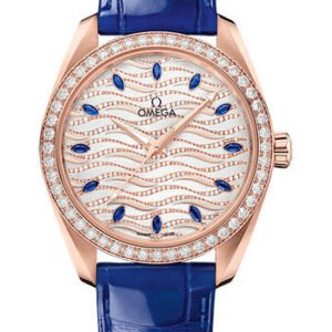 Omega Seamaster Aqua Terra 150M Omega Co-Axial Master Chronometer Ladies' - 38 mm Sedna Gold Case - Diamond Bezel - White Diamond Wave Sapphire Dial - Glossy Blue Leather Strap - 220.58.38.20.99.005