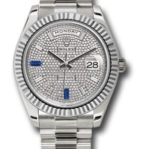Rolex White Gold Day-Date 40 Watch - Fluted Bezel - Diamond Paved Baguette Diamond Dial - President Bracelet - 228239 dp7d2sp