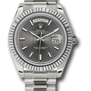 Rolex White Gold Day-Date 40 Watch - Fluted Bezel - Dark Rhodium Stripe Motif Index Dial - President Bracelet - 228239 rsmip