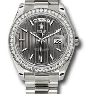 Rolex White Gold Day-Date 40 Watch -  Bezel - Dark Rhodium Stripe Motif Index Dial - President Bracelet - 228349RBR rsmip