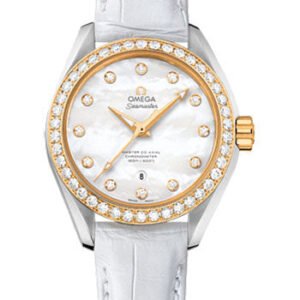 Omega Seamaster Aqua Terra 150 M Master Co-Axial Watch - 34 mm Steel Case - Yellow Gold Bezel - Mother-Of-Pearl Diamond Dial - White Leather Strap - 231.28.34.20.55.004