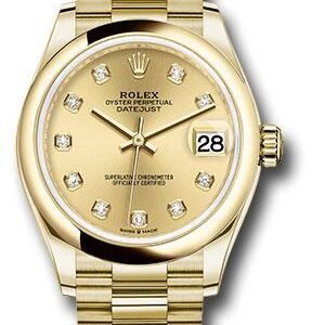 Rolex Yellow Gold Datejust 31 Watch - Domed Bezel - Champagne Diamond Dial - President Bracelet - 278248 chdp