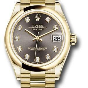 Rolex Yellow Gold Datejust 31 Watch - Domed Bezel - Dark Grey Diamond Dial - President Bracelet - 278248 dkgdp