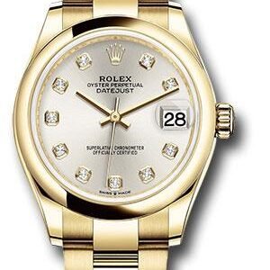 Rolex Yellow Gold Datejust 31 Watch - Domed Bezel - Silver Diamond Dial - Oyster Bracelet - 278248 sdo