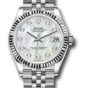 Rolex Steel and White Gold Datejust 31 Watch - Fluted Bezel - White Mother-Of-Pearl Diamond Dial - Jubilee Bracelet - 278274 mdj