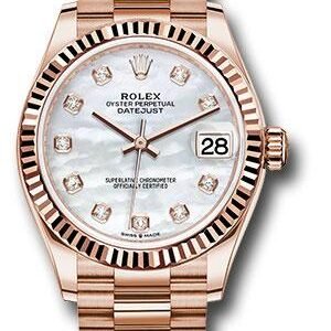 Rolex Everose Gold Datejust 31 Watch - Fluted Bezel - Silver Diamond Dial - President Bracelet - 278275 mdp