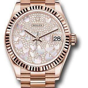 Rolex Everose Gold Datejust 31 Watch - Fluted Bezel - Diamond Paved Butterfly Dial - President Bracelet - 278275 pmopbp