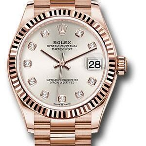Rolex Everose Gold Datejust 31 Watch - Fluted Bezel - Silver Diamond Dial - President Bracelet - 278275 sdp