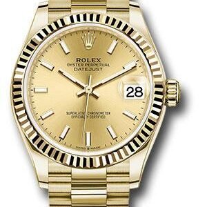 Rolex Yellow Gold Datejust 31 Watch - Fluted Bezel - Champagne Index Dial - President Bracelet - 278278 chip