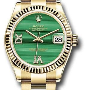 Rolex Yellow Gold Datejust 31 Watch - Fluted Bezel - Malachite Diamond Six and Nine Dial - Oyster Bracelet - 278278 madr69o