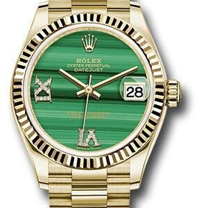 Rolex Yellow Gold Datejust 31 Watch - Fluted Bezel - Malachite Diamond Six and Nine Dial - President Bracelet - 278278 madr69p