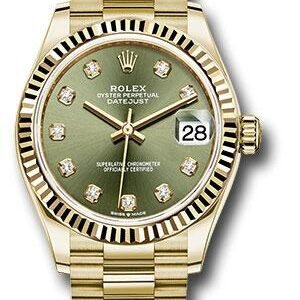 Rolex Yellow Gold Datejust 31 Watch - Fluted Bezel - Olive Green Diamond Dial - President Bracelet - 278278 ogdp