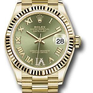 Rolex Yellow Gold Datejust 31 Watch - Fluted Bezel - Olive Green Diamond Six Dial - President Bracelet - 278278 ogdr6p