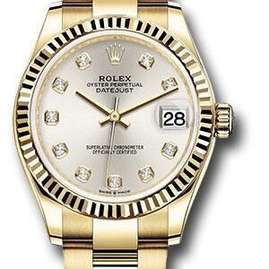 Rolex Yellow Gold Datejust 31 Watch - Fluted Bezel - Silver Diamond Dial - Oyster Bracelet - 278278 sdo