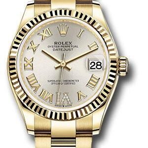 Rolex Yellow Gold Datejust 31 Watch - Fluted Bezel - Silver Diamond Six Dial - Oyster Bracelet - 278278 sdr6o