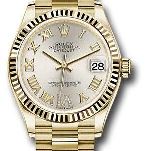 Rolex Yellow Gold Datejust 31 Watch - Fluted Bezel - Silver Diamond Six Dial - President Bracelet - 278278 sdr6p