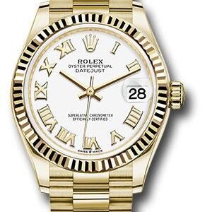 Rolex Yellow Gold Datejust 31 Watch - Fluted Bezel - White Roman Dial - President Bracelet - 278278 wrp