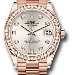 Rolex Everose Gold Datejust 31 Watch - Diamond Bezel - Silver Diamond Dial - President Bracelet - 278285RBR sdp
