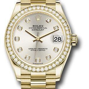 Rolex Yellow Gold Datejust 31 Watch - Diamond Bezel - Silver Diamond Dial - President Bracelet - 278288RBR sdp