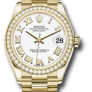 Rolex Yellow Gold Datejust 31 Watch - Diamond Bezel - White Roman Dial - President Bracelet - 278288RBR wrp