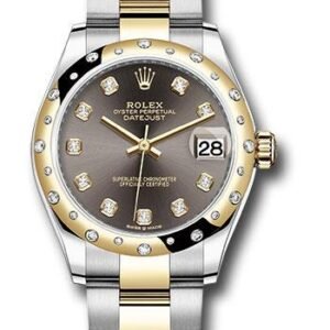 Rolex Steel and Yellow Gold Datejust 31 Watch - Domed Diamond Bezel - Dark Grey Diamond Dial - Oyster Bracelet - 278343 dkgdo