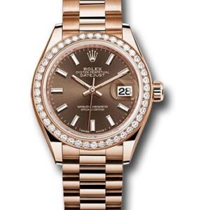 Rolex Everose Gold Lady-Datejust 28 Watch - 44 Diamond Bezel - Chocolate Index Dial - President Bracelet - 279135RBR choip