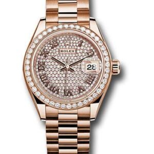 Rolex Everose Gold Lady-Datejust 28 Watch - 44 Diamond Bezel - Sundust Roman Dial - President Bracelet - 279135RBR dprp