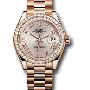 Rolex Everose Gold Lady-Datejust 28 Watch - 44 Diamond Bezel - Sundust Roman Dial - President Bracelet - 279135RBR srp