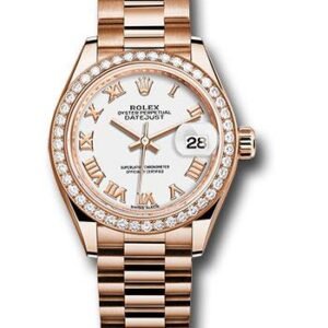 Rolex Everose Gold Lady-Datejust 28 Watch - 44 Diamond Bezel - White Roman Dial - President Bracelet - 279135RBR wrp