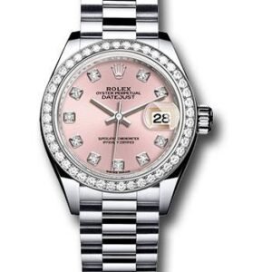 Rolex Platinum Lady-Datejust 28 Watch - 44 Diamond Bezel - Pink Diamond Dial - President Bracelet - 279136RBR pdp