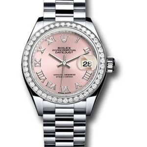 Rolex Platinum Lady-Datejust 28 Watch - 44 Diamond Bezel - Pink Roman Dial - President Bracelet - 279136RBR prp