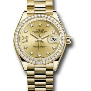Rolex Yellow Gold Lady-Datejust 28 Watch - 44 Diamond Bezel - Champagne Diamond Star Dial - President Bracelet - 279138RBR ch9dix8dp