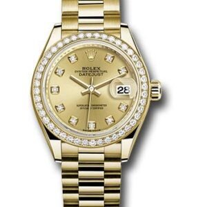 Rolex Yellow Gold Lady-Datejust 28 Watch - 44 Diamond Bezel - Champagne Diamond Dial - President Bracelet - 279138RBR chdp