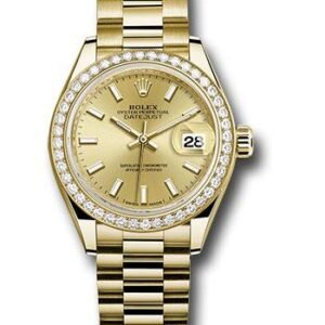 Rolex Yellow Gold Lady-Datejust 28 Watch - 44 Diamond Bezel - Champagne Index Dial - President Bracelet - 279138RBR chip