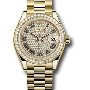 Rolex Yellow Gold Lady-Datejust 28 Watch - 44 Diamond Bezel - Diamond Paved Roman Dial - President Bracelet - 279138RBR dprp