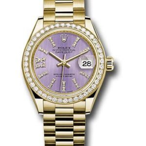 Rolex Yellow Gold Lady-Datejust 28 Watch - 44 Diamond Bezel - Lilac Stripe Diamond Index Dial - President Bracelet - 279138RBR lils36dix8dp