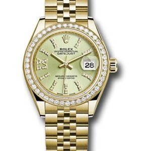 Rolex Yellow Gold Lady-Datejust 28 Watch - 44 Diamond Bezel - Linden Green Strip Diamond Index Dial - Jubilee Bracelet - 279138RBR lings36dix8dj
