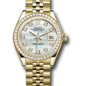 Rolex Yellow Gold Lady-Datejust 28 Watch - 44 Diamond Bezel - Mother-of-Pearl Diamond Dial - Jubilee Bracelet - 279138RBR mdj