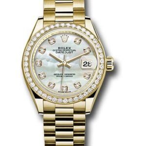 Rolex Yellow Gold Lady-Datejust 28 Watch - 44 Diamond Bezel - Mother-of-Pearl Diamond Dial - President Bracelet - 279138RBR mdp