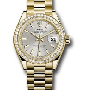 Rolex Yellow Gold Lady-Datejust 28 Watch - 44 Diamond Bezel - Silver Index Dial - President Bracelet - 279138RBR sip