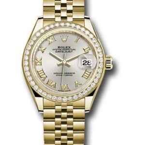 Rolex Yellow Gold Lady-Datejust 28 Watch - 44 Diamond Bezel - Silver Roman Dial - Jubilee Bracelet - 279138RBR srj
