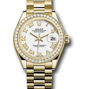 Rolex Yellow Gold Lady-Datejust 28 Watch - 44 Diamond Bezel - White Roman Dial - President Bracelet - 279138RBR wrp