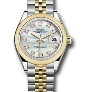 Rolex Steel and Yellow Gold Rolesor Lady-Datejust 28 Watch - Domed Bezel - White Mother-Of-Pearl Diamond Dial - Jubilee Bracelet - 279163 mdj