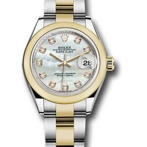 Rolex Steel and Yellow Gold Rolesor Lady-Datejust 28 Watch - Domed Bezel - White Mother-Of-Pearl Diamond Dial - Oyster Bracelet - 279163 mdo
