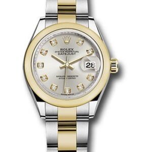 Rolex Steel and Yellow Gold Rolesor Lady-Datejust 28 Watch - Domed Bezel - Silver Diamond Dial - Oyster Bracelet - 279163 sdo