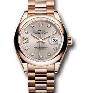 Rolex Everose Gold Lady-Datejust 28 Watch - Domed Bezel - Silver Sundust Diamond Star Dial - President Bracelet - 279165 s9dix8dp