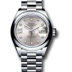 Rolex Platinum Lady-Datejust 28 Watch - Domed Bezel - Silver Diamond Star Dial - President Bracelet - 279166 s9dix8dp
