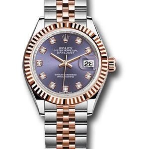 Rolex Steel and Everose Gold Rolesor Lady-Datejust 28 Watch - Fluted Bezel - Aubergine Diamond Dial - Jubilee Bracelet - 279171 audj